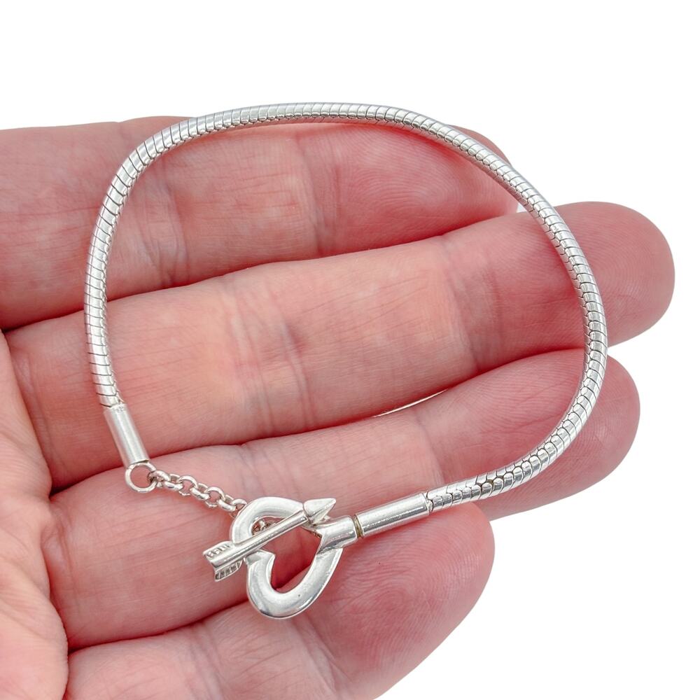 Vintage Sterling Silver 925 Snake Chain Heart Toggle Bracelet 7"